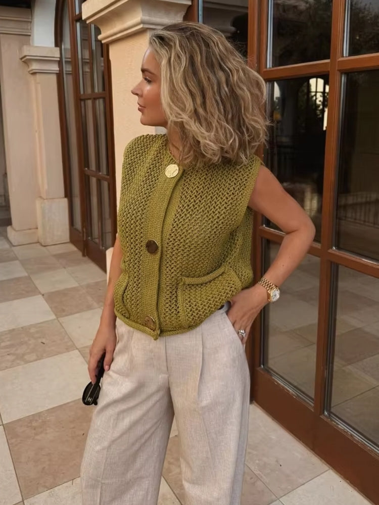 Green Round Neck Women Knitted Vest Olive M Blouses - Tophatter Daily Deals