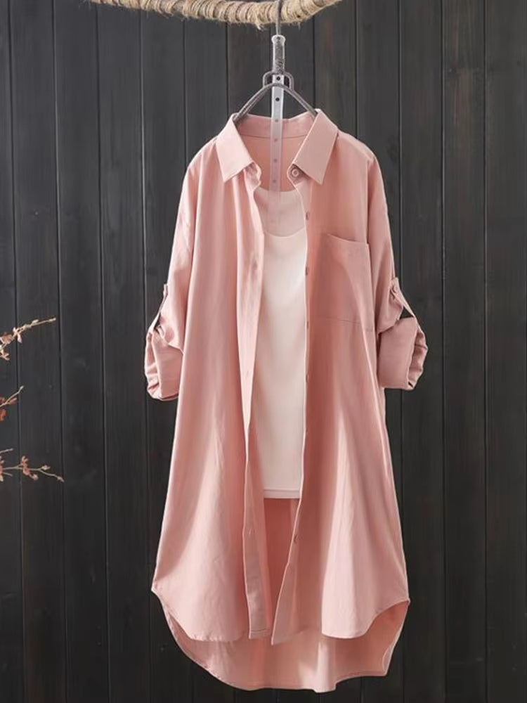 Fashion Long Solid Shirt Women Blouse Pink Blouses - Tophatter Daily Deals