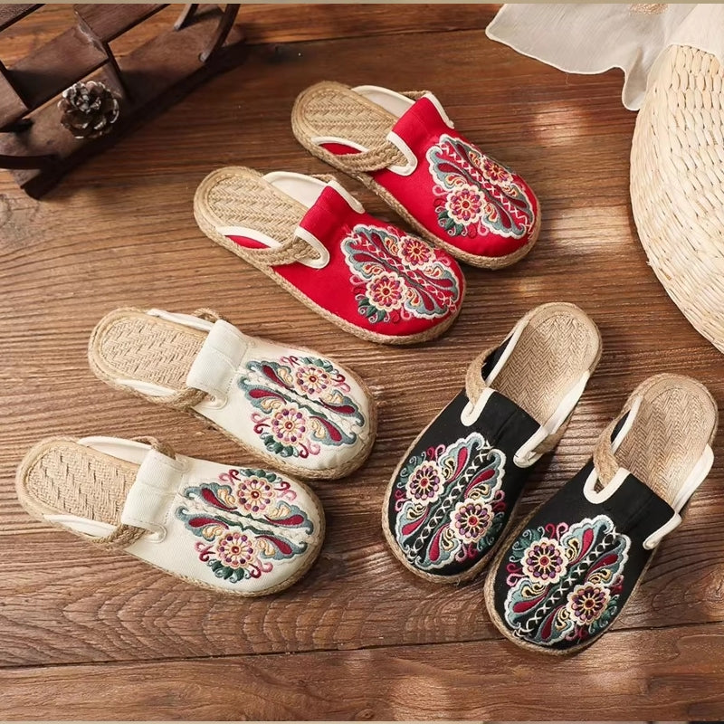 Women Casual Linen Handmade Embroidery Mules Flat Slippers Slippers - Tophatter Daily Deals