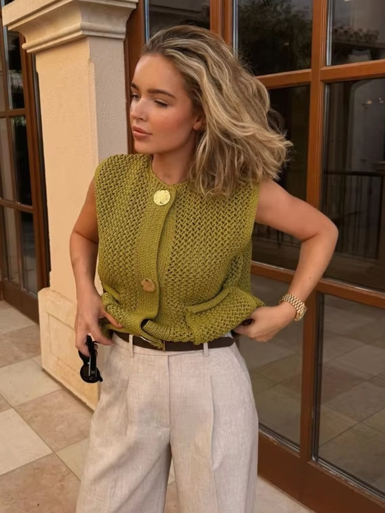 Green Round Neck Women Knitted Vest Blouses - Tophatter Daily Deals