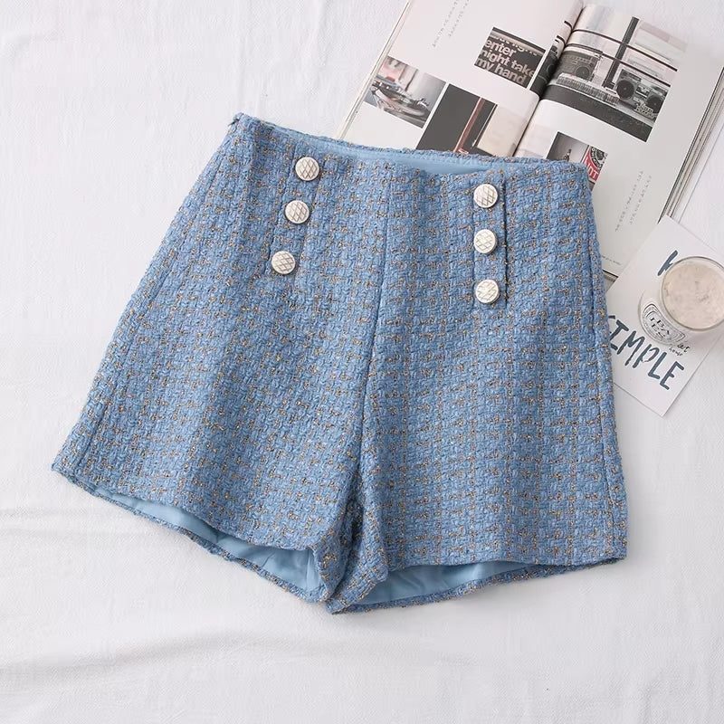 Women Vintage Tweed Waist Wide Leg Shorts Blue Pants - Tophatter Daily Deals