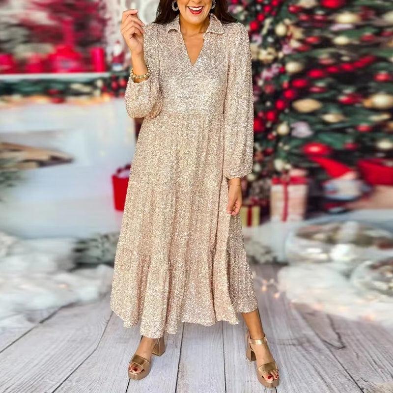 Women Glitter Sequin Deep V Long Dress Champagne Maxi Dresses - Tophatter Daily Deals
