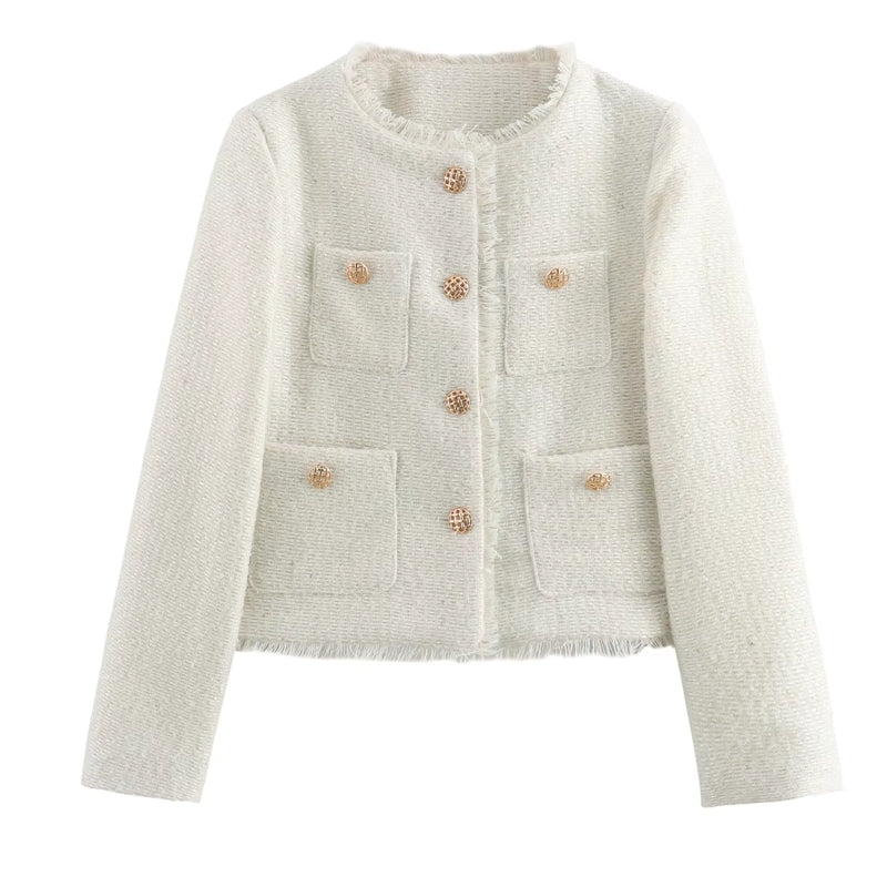 Fashion O-neck Pocket Tweed Short Coats White Work Wear Blazers - Tophatter Daily Deals
