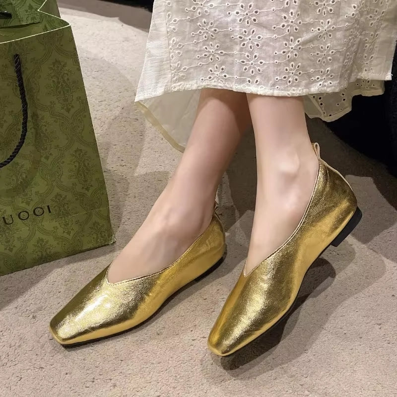 Grade Silver Loafers Casual Gold Pumps Square Toe Women Shoes - Tophatter Daily Deals