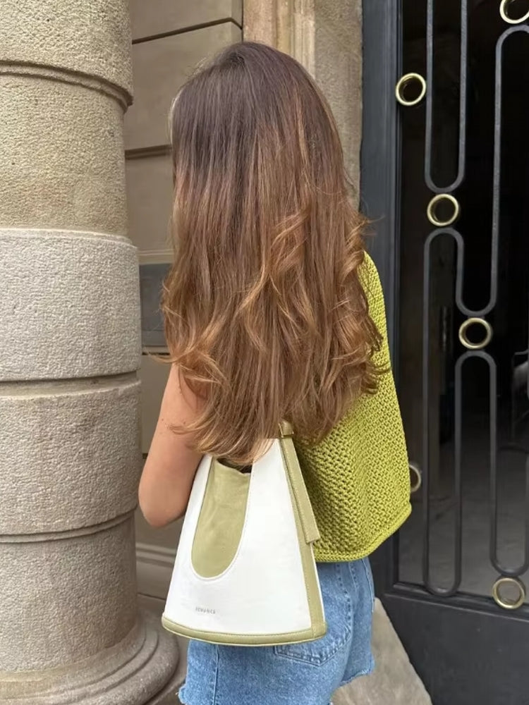 Green Round Neck Women Knitted Vest Olive L Blouses - Tophatter Daily Deals