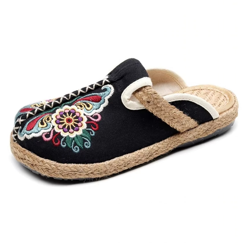 Women Casual Linen Handmade Embroidery Mules Flat Slippers Black Slippers - Tophatter Daily Deals