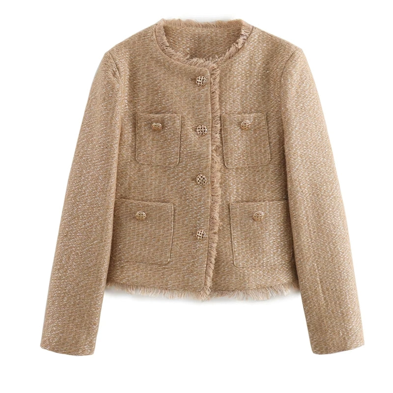 Fashion O-neck Pocket Tweed Short Coats khaki Work Wear Blazers - Tophatter Daily Deals