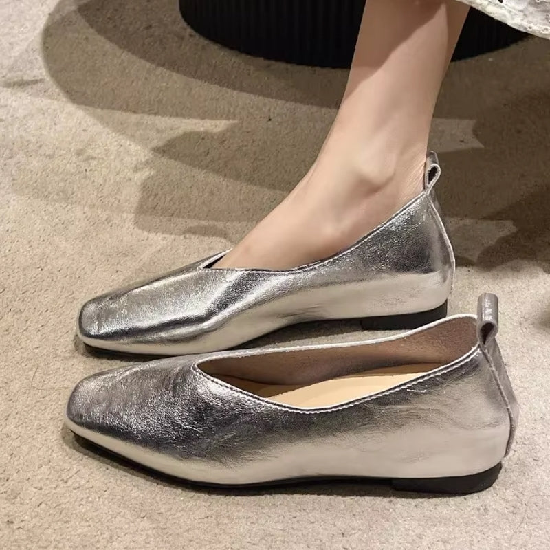 Grade Silver Loafers Casual Gold Pumps Square Toe Women Shoes - Tophatter Daily Deals