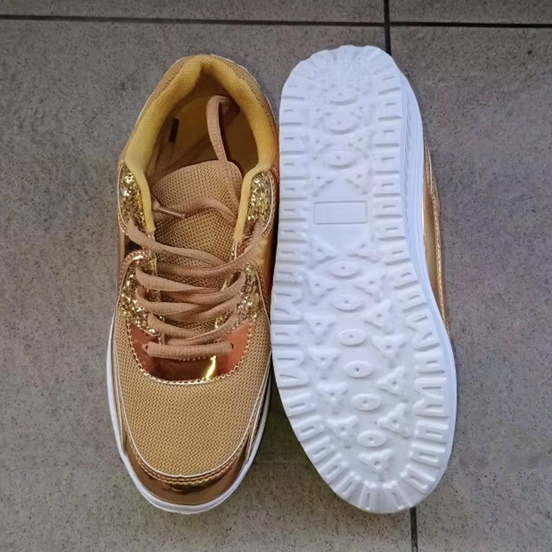 Women Golden Lace-up Platform Sneakers High Heel Sneaker - Tophatter Daily Deals