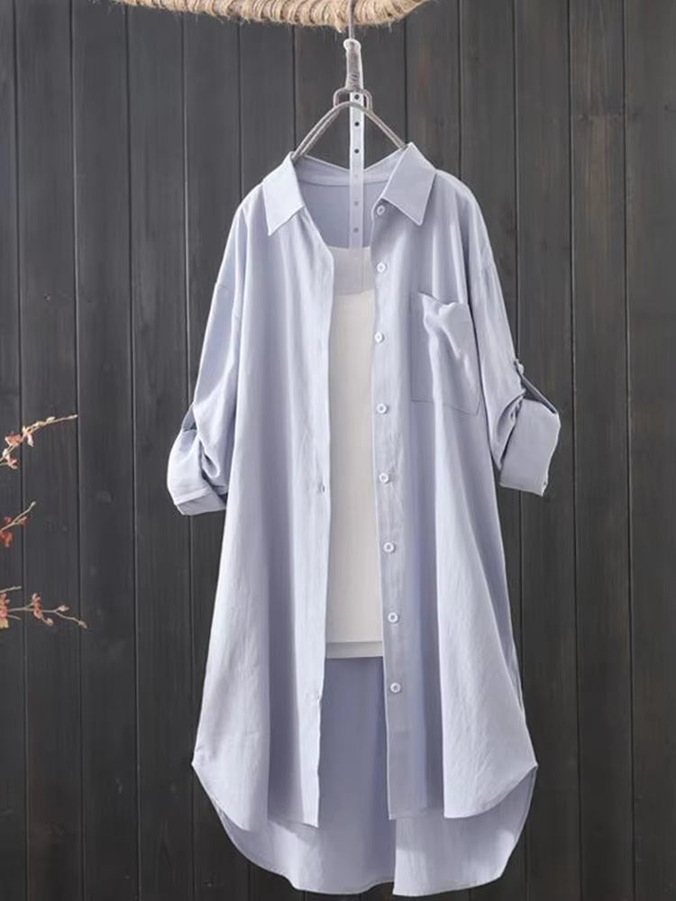 Fashion Long Solid Shirt Women Blouse Blue Blouses - Tophatter Daily Deals