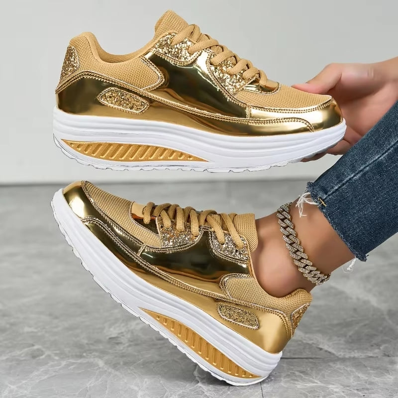Women Golden Lace-up Platform Sneakers High Heel Sneaker - Tophatter Daily Deals