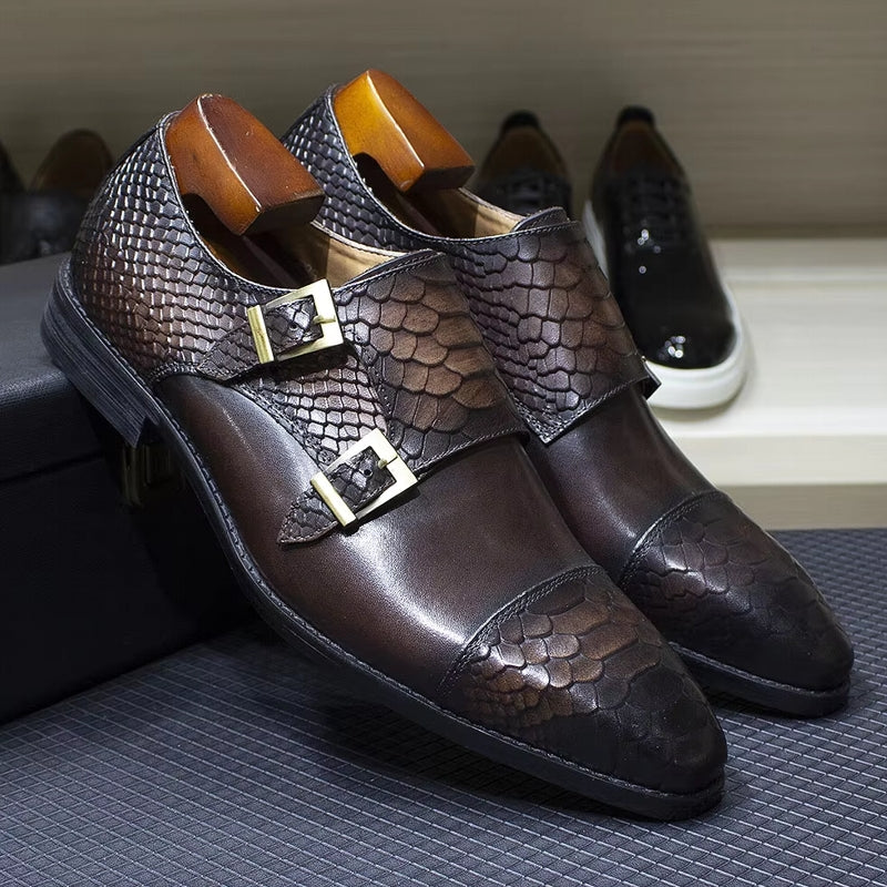 Calf Leather Comfortable Monk Strap Classic Crocodile Pattern Formal Shoes Brown Men Dresses Shoes - Tophatter Daily Deals