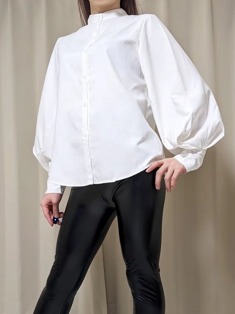 Blouses Shirt Lady Long Lantern Sleeve Stand Collar Blouses - Tophatter Daily Deals