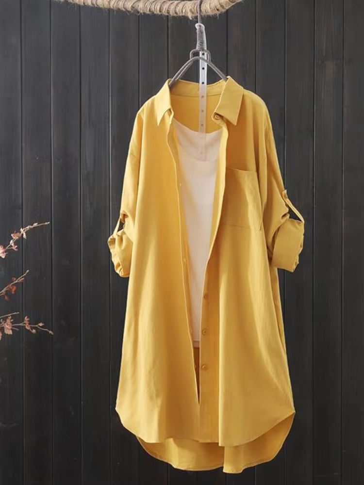 Fashion Long Solid Shirt Women Blouse Yellow Blouses - Tophatter Daily Deals