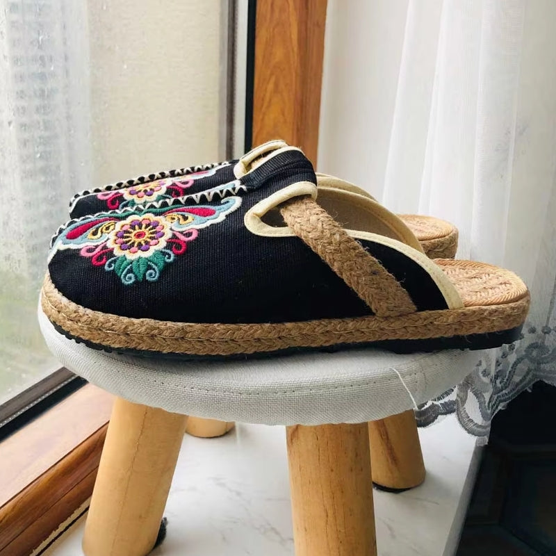 Women Casual Linen Handmade Embroidery Mules Flat Slippers Slippers - Tophatter Daily Deals