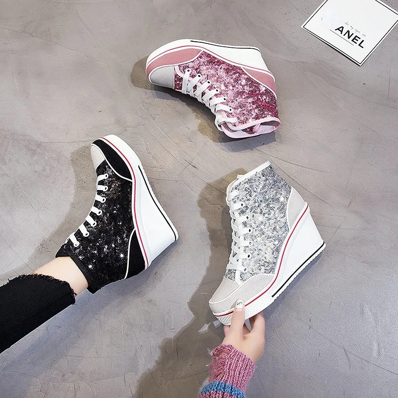 Glitter Sequins High Top Women Height Increasing Wedges Shoes High Heel Sneaker - Tophatter Daily Deals