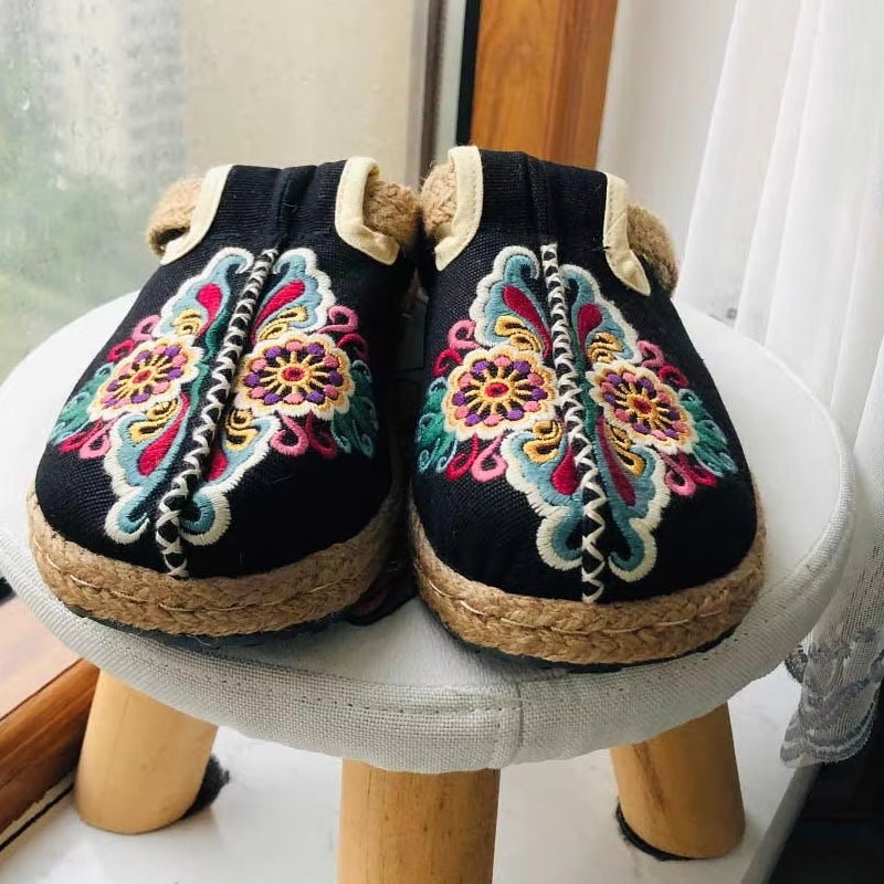 Women Casual Linen Handmade Embroidery Mules Flat Slippers Slippers - Tophatter Daily Deals