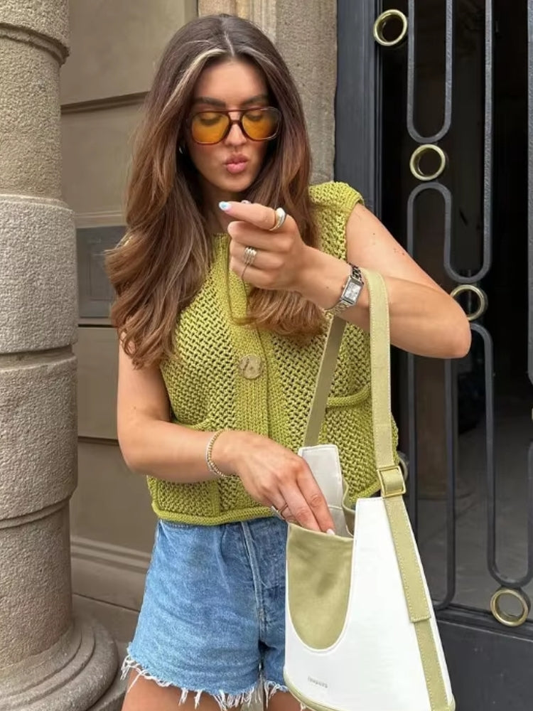 Green Round Neck Women Knitted Vest Blouses - Tophatter Daily Deals