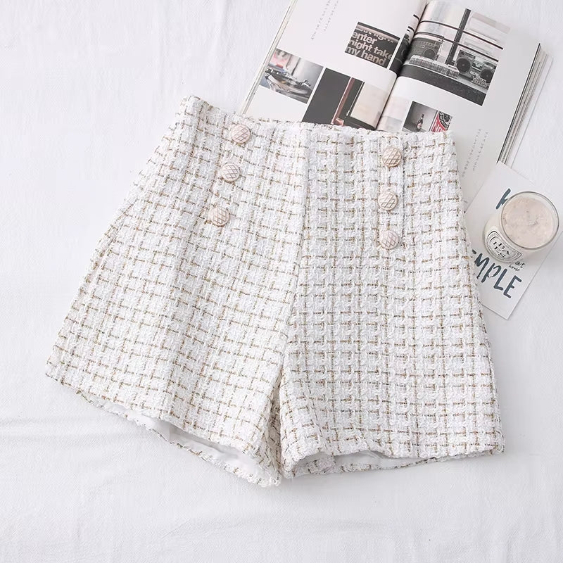 Women Vintage Tweed Waist Wide Leg Shorts White Pants - Tophatter Daily Deals