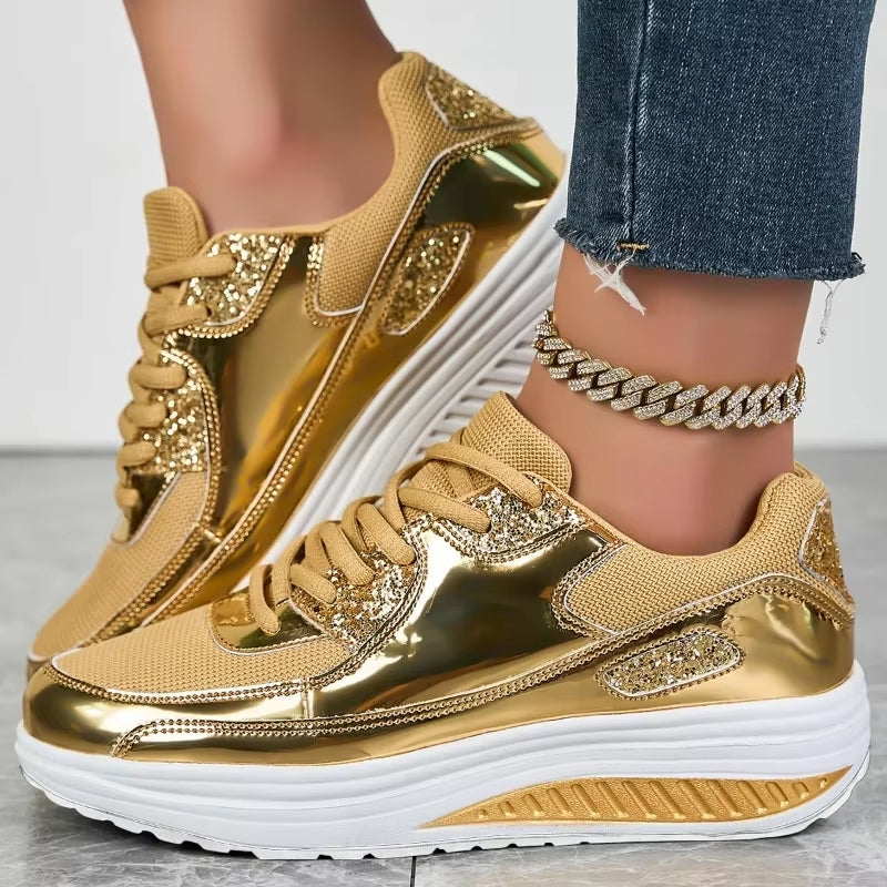 Women Golden Lace-up Platform Sneakers High Heel Sneaker - Tophatter Daily Deals