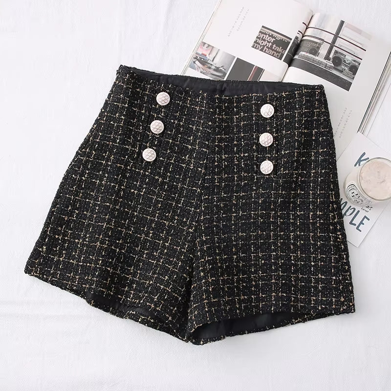 Women Vintage Tweed Waist Wide Leg Shorts Black Pants - Tophatter Daily Deals
