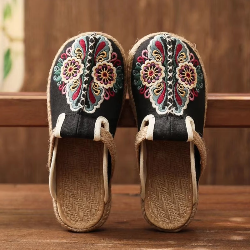 Women Casual Linen Handmade Embroidery Mules Flat Slippers Slippers - Tophatter Daily Deals