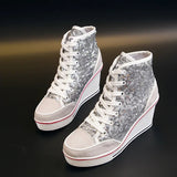 Glitter Sequins High Top Women Height Increasing Wedges Shoes High Heel Sneaker - Tophatter Daily Deals