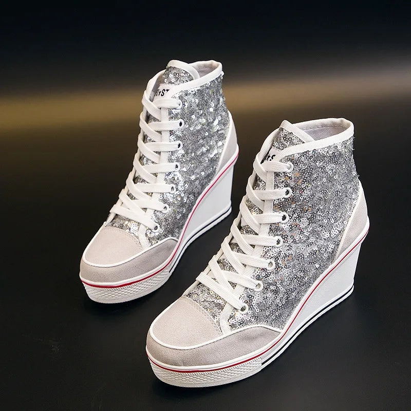 Glitter Sequins High Top Women Height Increasing Wedges Shoes High Heel Sneaker - Tophatter Daily Deals