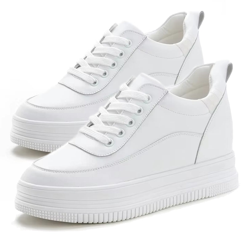 Genuine Leather Platform Wedge Sneakers 7cm White Plan Leather High Heel Sneaker - Tophatter Daily Deals