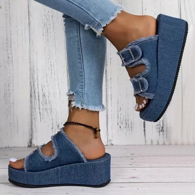 Elegant Denim Comfortable Slip on Beach Walking Slippers Casual Women Shoes - Tophatter Daily Deals
