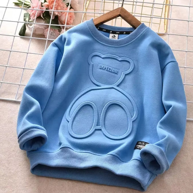 Kids Cotton Tops Embossed Bear Sweatshirt Pullover Blue kids clothing - Tophatter Daily Deals