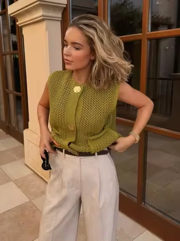 Green Round Neck Women Knitted Vest Blouses - Tophatter Daily Deals