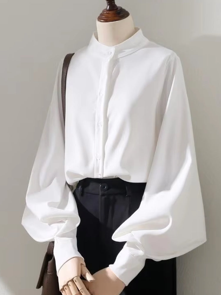 Blouses Shirt Lady Long Lantern Sleeve Stand Collar White Blouses - Tophatter Daily Deals