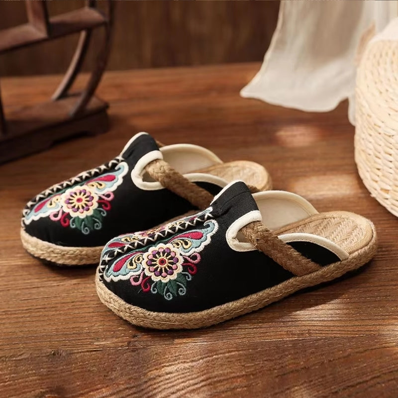 Women Casual Linen Handmade Embroidery Mules Flat Slippers Slippers - Tophatter Daily Deals