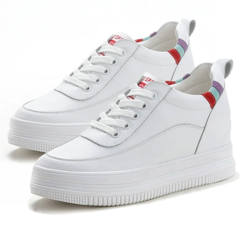 Genuine Leather Platform Wedge Sneakers 7cm Striped Plain Leather High Heel Sneaker - Tophatter Daily Deals