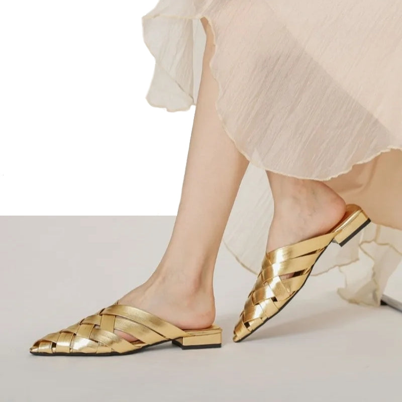 Hollow Woven Pointed Cool Women Sandals Gold Casual Women Shoes - Tophatter Daily Deals