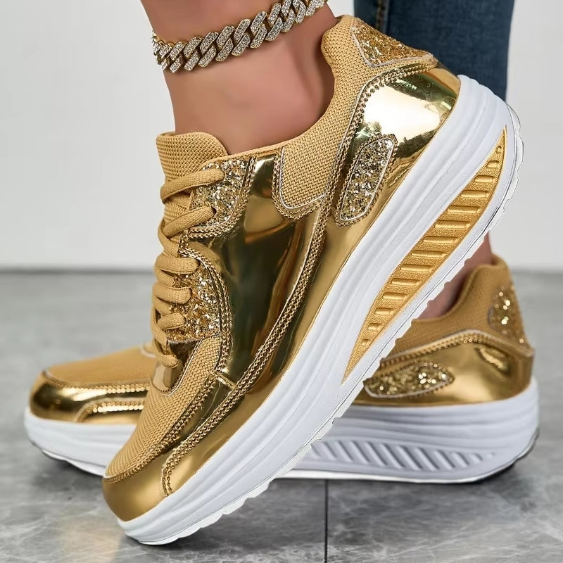 Women Golden Lace-up Platform Sneakers High Heel Sneaker - Tophatter Daily Deals