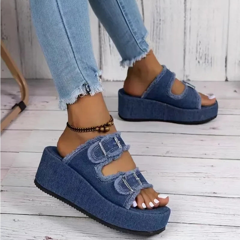 Elegant Denim Comfortable Slip on Beach Walking Slippers Casual Women Shoes - Tophatter Daily Deals