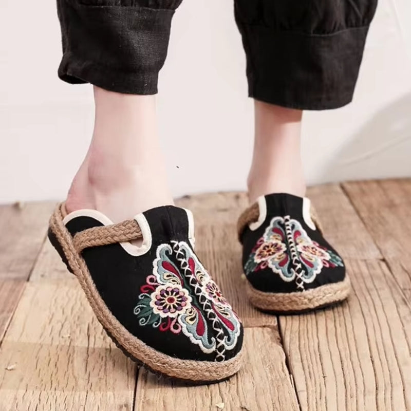 Women Casual Linen Handmade Embroidery Mules Flat Slippers Slippers - Tophatter Daily Deals