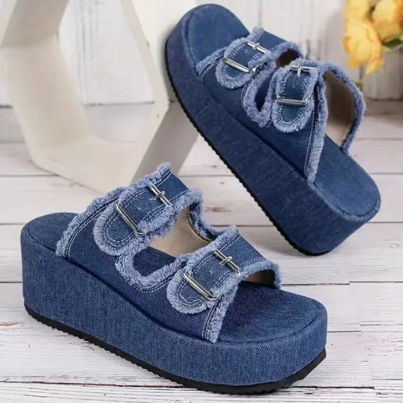 Elegant Denim Comfortable Slip on Beach Walking Slippers Blue Casual Women Shoes - Tophatter Daily Deals