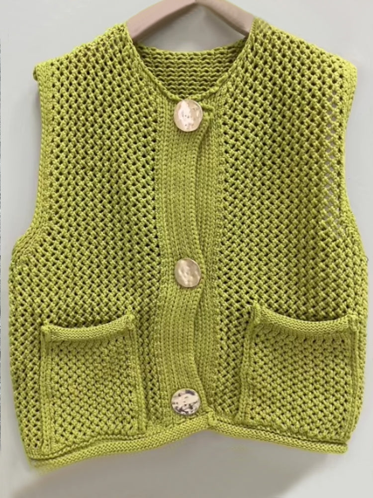 Green Round Neck Women Knitted Vest Blouses - Tophatter Daily Deals