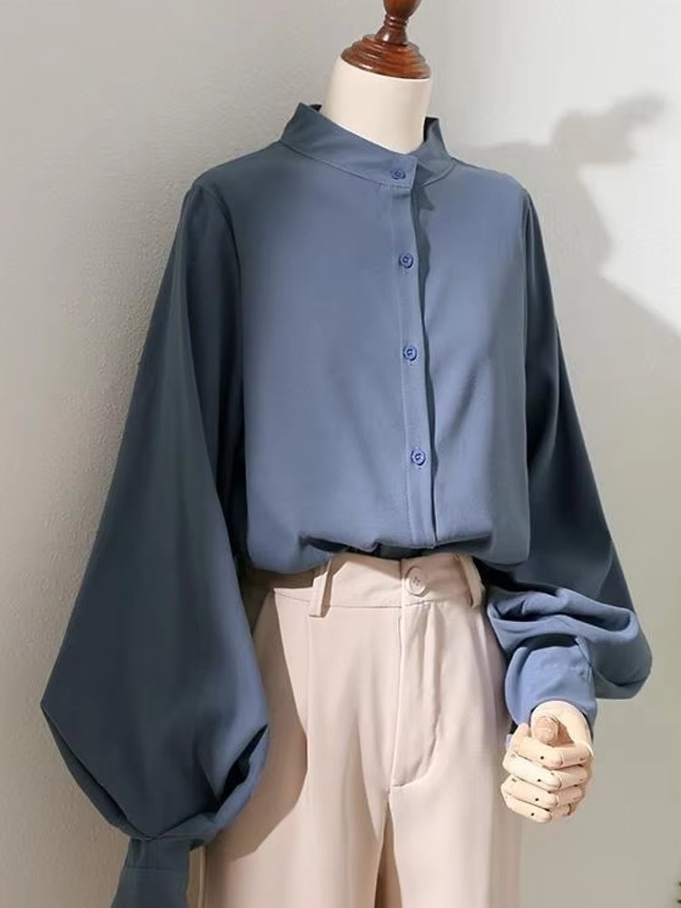 Blouses Shirt Lady Long Lantern Sleeve Stand Collar Blue Blouses - Tophatter Daily Deals