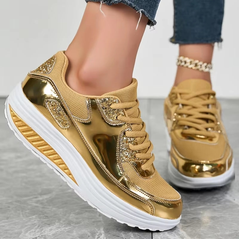Women Golden Lace-up Platform Sneakers High Heel Sneaker - Tophatter Daily Deals