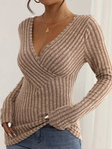 Sexy V-neck Knitted Long Sleeve Women Blouse khaki Blouses - Tophatter Daily Deals