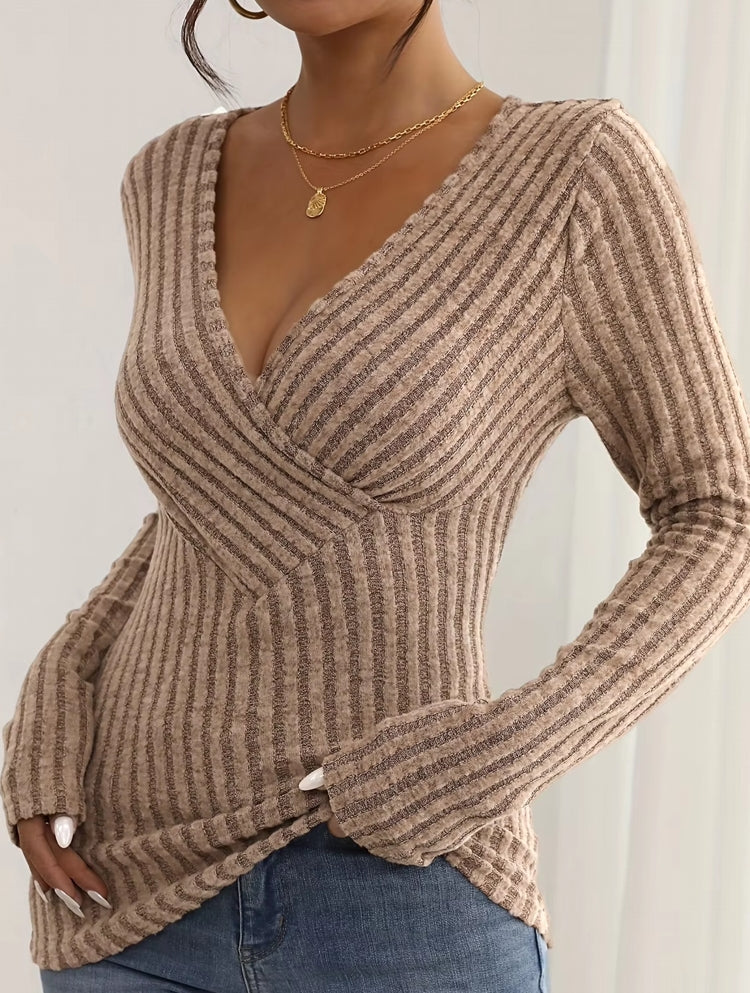 Sexy V-neck Knitted Long Sleeve Women Blouse khaki Blouses - Tophatter Daily Deals