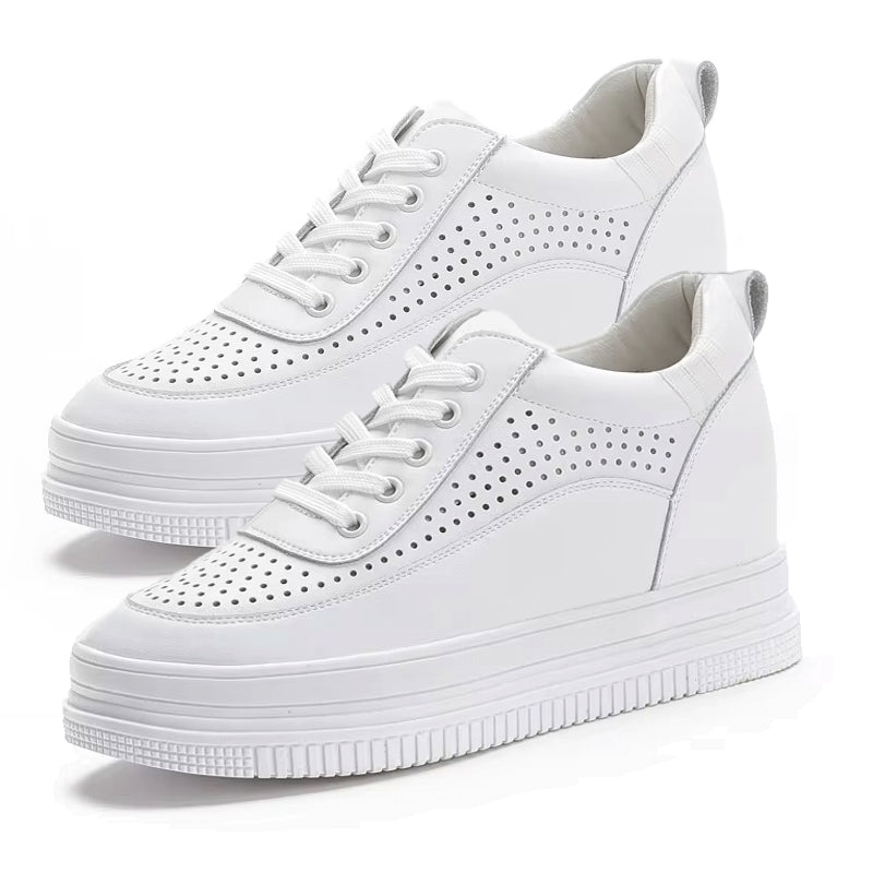 Genuine Leather Platform Wedge Sneakers 7cm White Hole Leather High Heel Sneaker - Tophatter Daily Deals