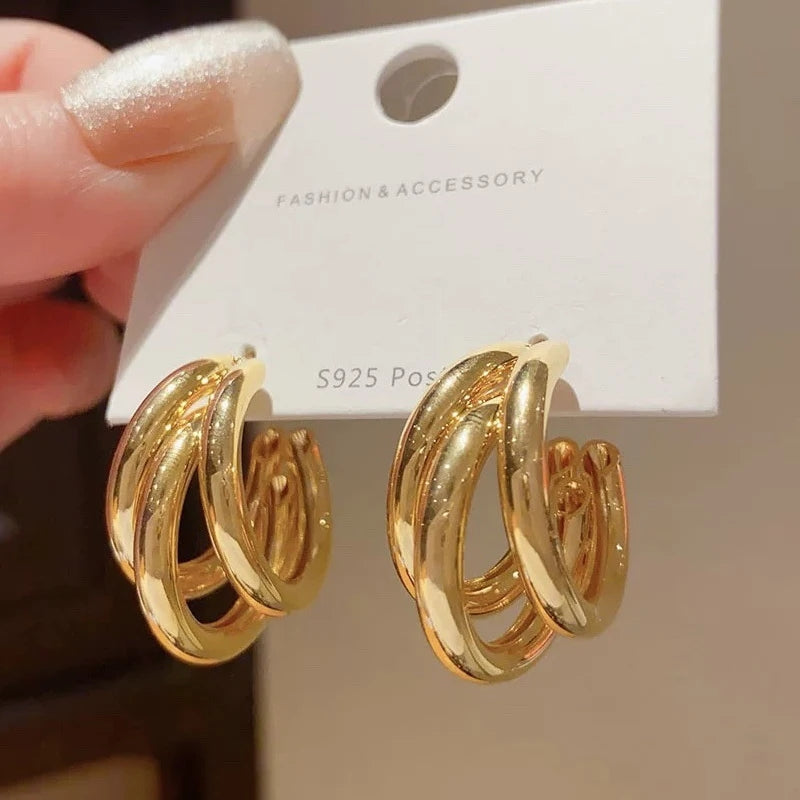 Trendy Retro Three Layer C Shape Earrings Gold Earrings - Tophatter Daily Deals