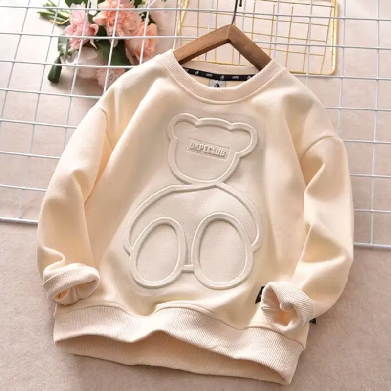 Kids Cotton Tops Embossed Bear Sweatshirt Pullover Beige kids clothing - Tophatter Daily Deals