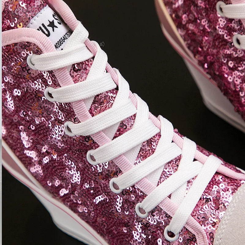 Glitter Sequins High Top Women Height Increasing Wedges Shoes High Heel Sneaker - Tophatter Daily Deals
