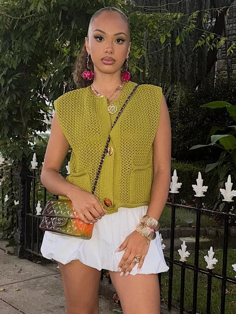 Green Round Neck Women Knitted Vest Blouses - Tophatter Daily Deals